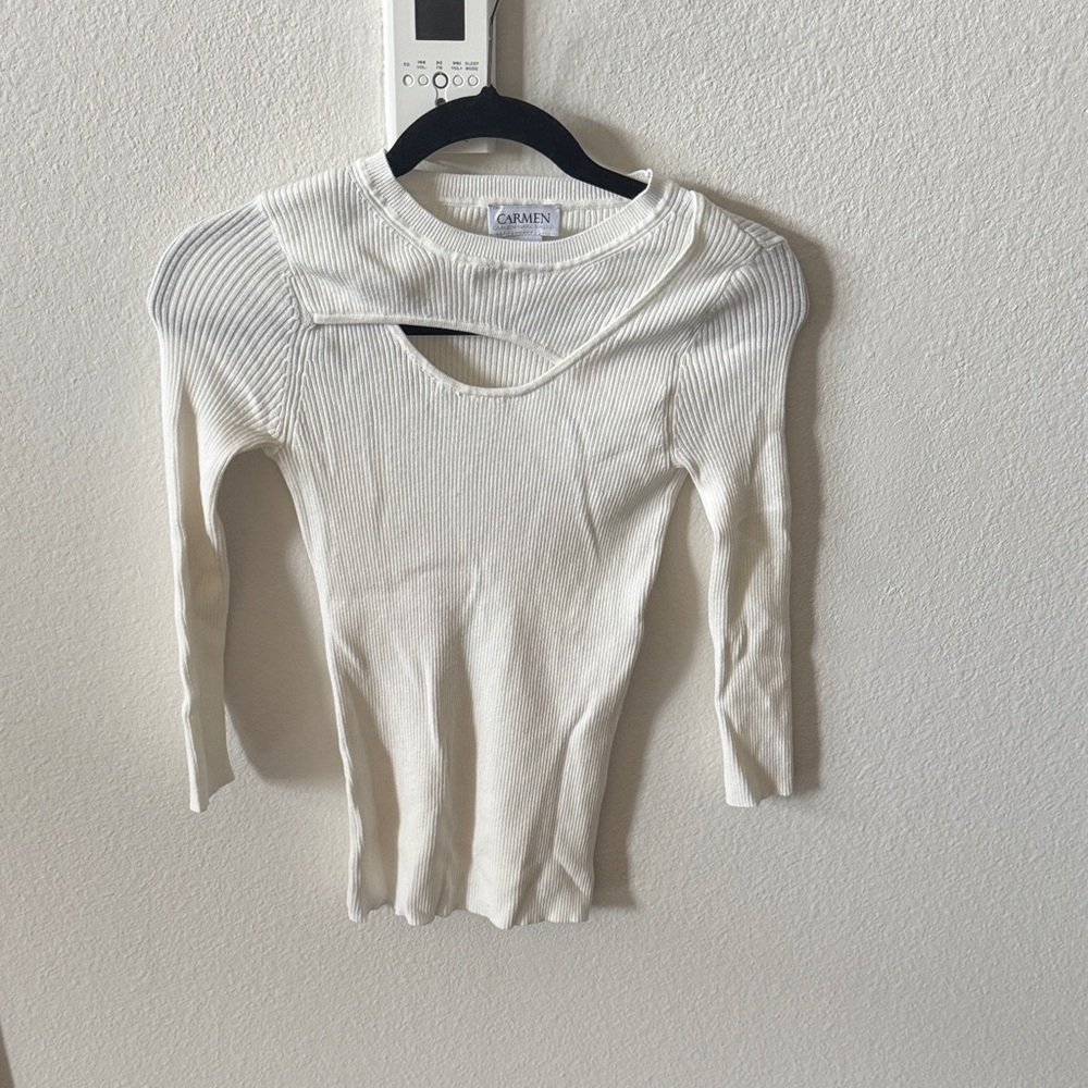 White Ribbed Cutout Top